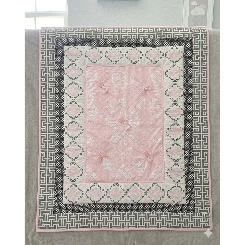 Lambs & Ivy Crib Blanket Comforter Baby Toddler Nursery Pink Black Paris Bow‎